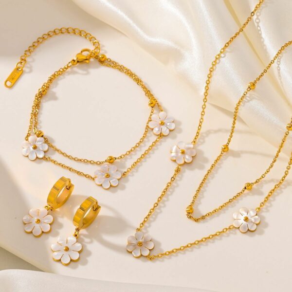 Fashion Jewelry Stainless Steel Flower DaisyFlower Necklace Double Layering Necklace Earrings Jeweley Set - Image 9