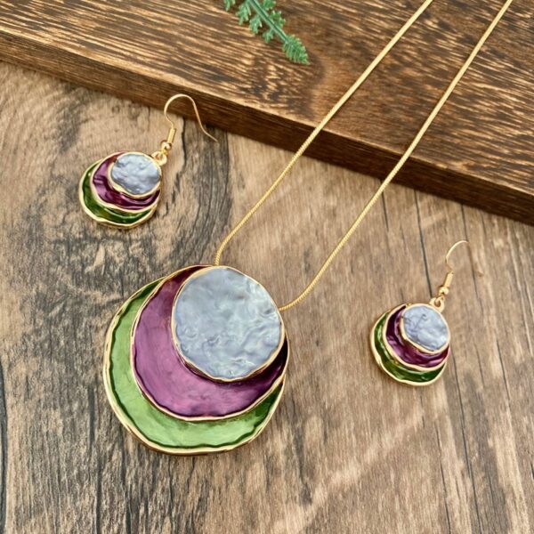 Color Painting Oil Three-layer Ring Hollow Pendant Earrings And Necklace Set - Image 2