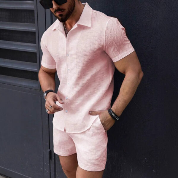 Leisure Breathable Beach Two Piece Suits Mens Summer Casual Short Sleeve Shirt And Shorts Men Outfits Vintage Textured Solid Set - Image 8