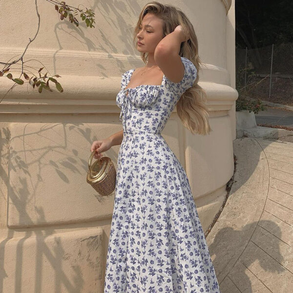 Summer Floral Print Dress Women Sexy Party Long Dresses Puff Short Sleeve - Image 5