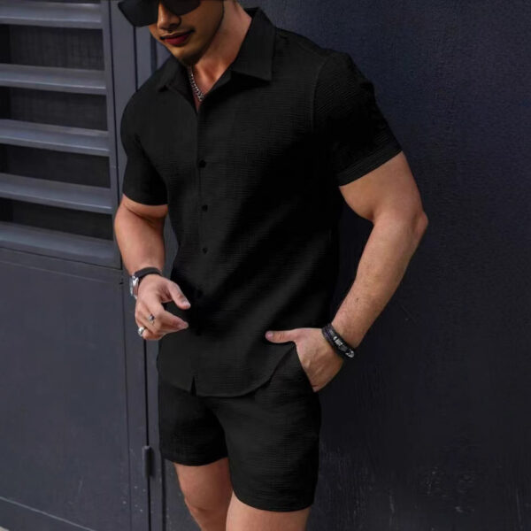 Leisure Breathable Beach Two Piece Suits Mens Summer Casual Short Sleeve Shirt And Shorts Men Outfits Vintage Textured Solid Set - Image 9