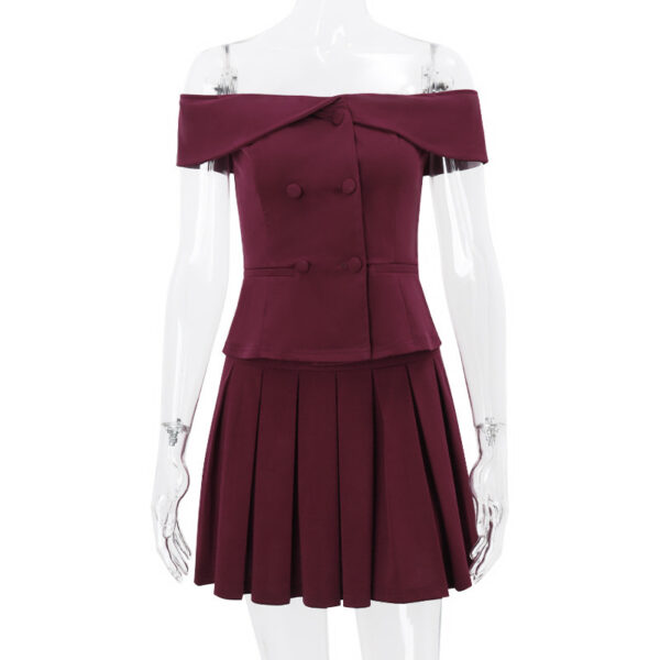 Elegant Suit Double-breasted Off-shoulder Top And Pleated Skirt Womens Clothing - Image 8