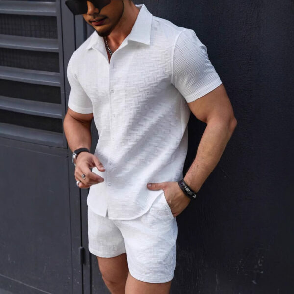 Leisure Breathable Beach Two Piece Suits Mens Summer Casual Short Sleeve Shirt And Shorts Men Outfits Vintage Textured Solid Set - Image 3