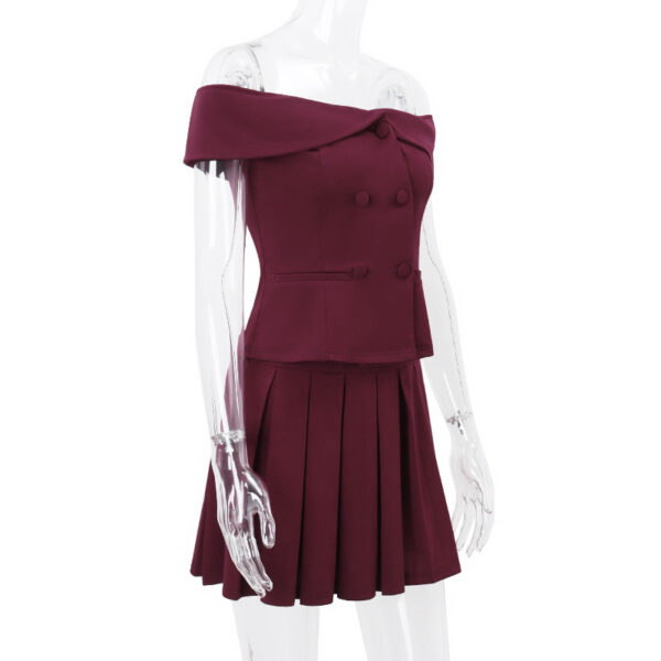 Elegant Suit Double-breasted Off-shoulder Top And Pleated Skirt Womens Clothing - Image 4