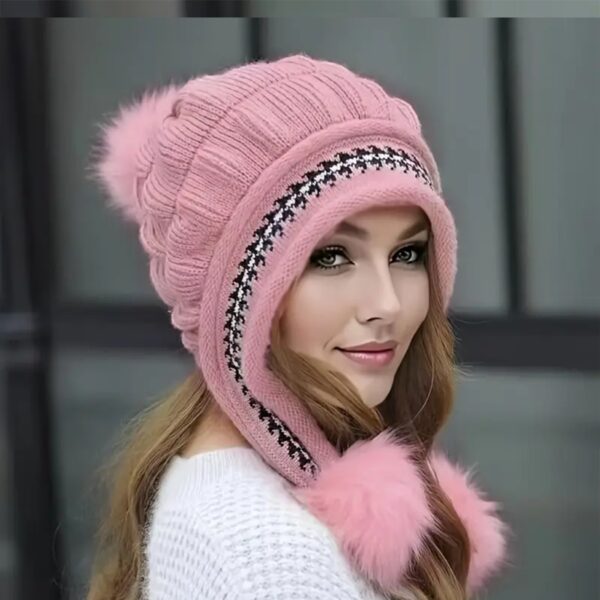 Cozy Knit Fleece-Feel Beanie With Ear Flaps & Pompom Warm Winter Hat For Women Perfect For Skiing & Outdoor Activities - Image 4