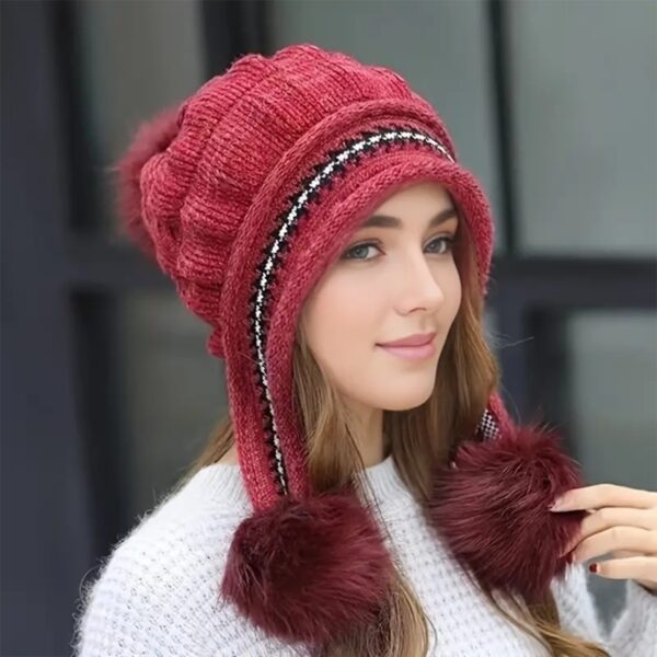 Cozy Knit Fleece-Feel Beanie With Ear Flaps & Pompom Warm Winter Hat For Women Perfect For Skiing & Outdoor Activities - Image 3