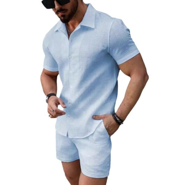 Leisure Breathable Beach Two Piece Suits Mens Summer Casual Short Sleeve Shirt And Shorts Men Outfits Vintage Textured Solid Set - Image 2