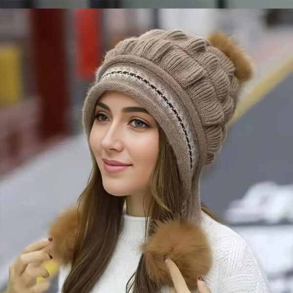 Cozy Knit Fleece-Feel Beanie With Ear Flaps & Pompom Warm Winter Hat For Women Perfect For Skiing & Outdoor Activities - Image 9